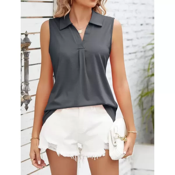 Womens V Neck Polo Shirts Sleeveless Collared Tops Loose Pleated Casual Tunic BlousesGray