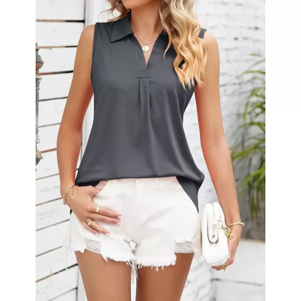 Womens V Neck Polo Shirts Sleeveless Collared Tops Loose Pleated Casual Tunic BlousesGray