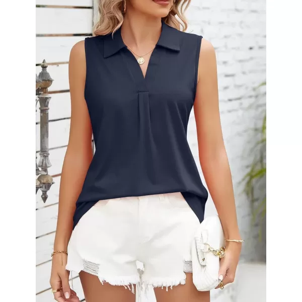 Womens V Neck Polo Shirts Sleeveless Collared Tops Loose Pleated Casual Tunic BlousesNavy Blue