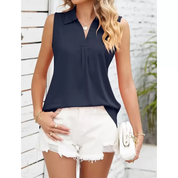 Womens V Neck Polo Shirts Sleeveless Collared Tops Loose Pleated Casual Tunic BlousesNavy Blue
