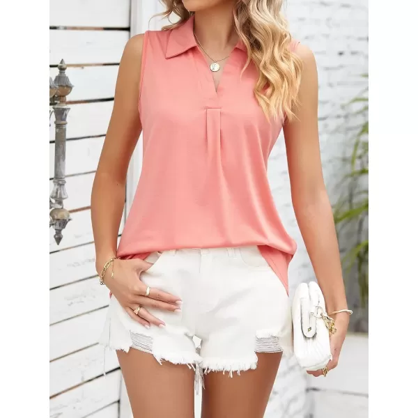Womens V Neck Polo Shirts Sleeveless Collared Tops Loose Pleated Casual Tunic BlousesPink