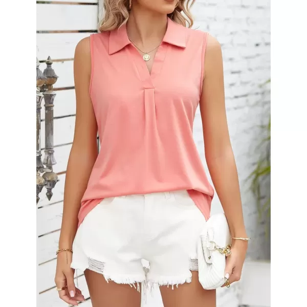 Womens V Neck Polo Shirts Sleeveless Collared Tops Loose Pleated Casual Tunic BlousesPink