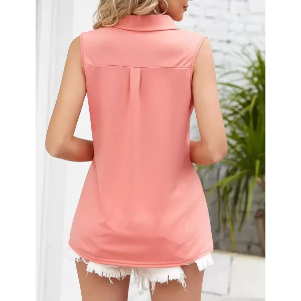 Womens V Neck Polo Shirts Sleeveless Collared Tops Loose Pleated Casual Tunic BlousesPink