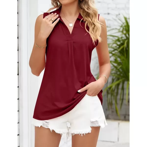 Womens V Neck Polo Shirts Sleeveless Collared Tops Loose Pleated Casual Tunic BlousesWine Red