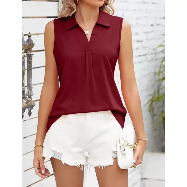 Womens V Neck Polo Shirts Sleeveless Collared Tops Loose Pleated Casual Tunic BlousesWine Red