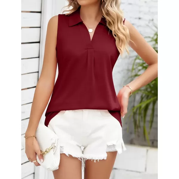 Womens V Neck Polo Shirts Sleeveless Collared Tops Loose Pleated Casual Tunic BlousesWine Red