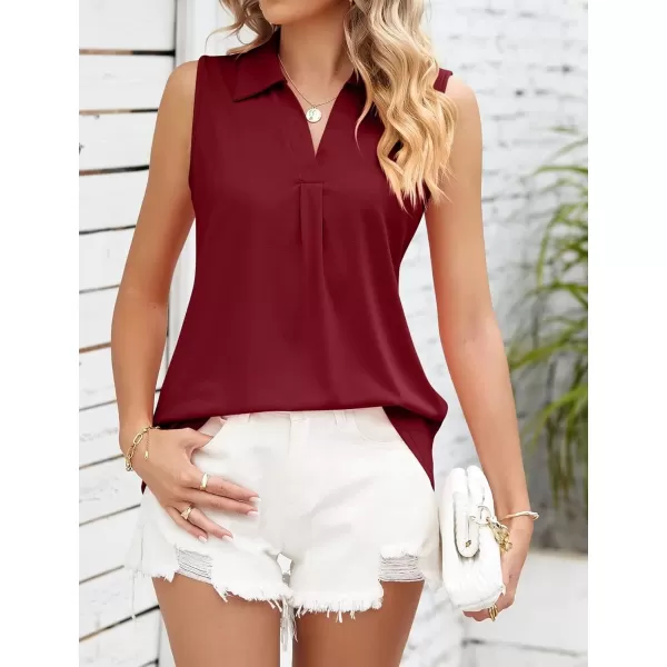 Womens V Neck Polo Shirts Sleeveless Collared Tops Loose Pleated Casual Tunic BlousesWine Red