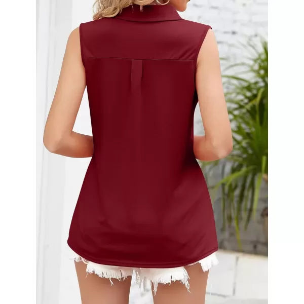 Womens V Neck Polo Shirts Sleeveless Collared Tops Loose Pleated Casual Tunic BlousesWine Red