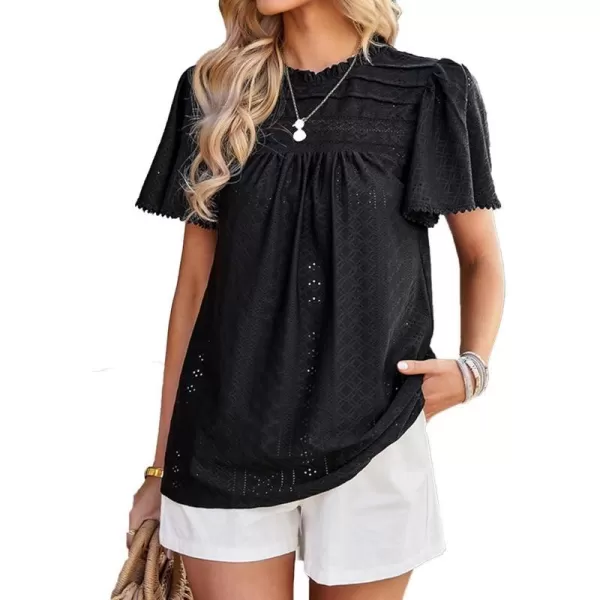 2023 Summer Flare Short Sleeve Shirts for Women Loose Fit Eyelet T Shirt Ruffle Neck Tunic Blouse Hollow Out Work TopsBlack
