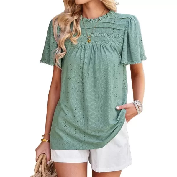 2023 Summer Flare Short Sleeve Shirts for Women Loose Fit Eyelet T Shirt Ruffle Neck Tunic Blouse Hollow Out Work TopsGreen