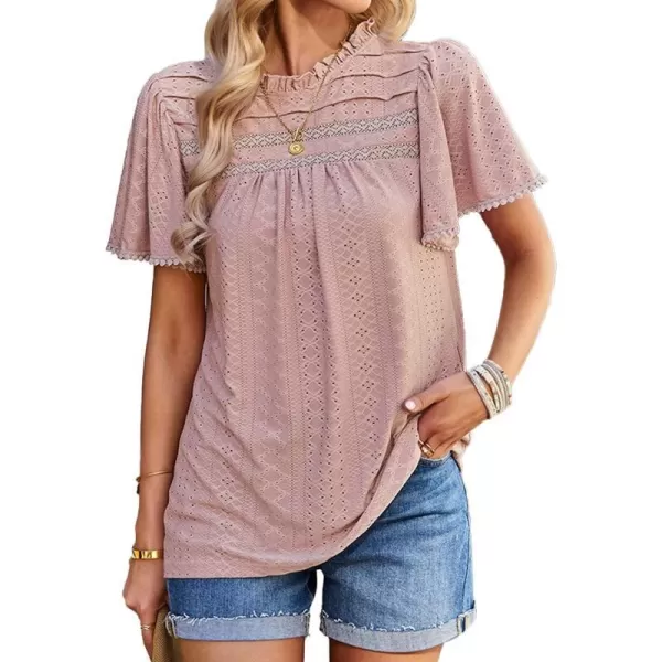 2023 Summer Flare Short Sleeve Shirts for Women Loose Fit Eyelet T Shirt Ruffle Neck Tunic Blouse Hollow Out Work TopsPink