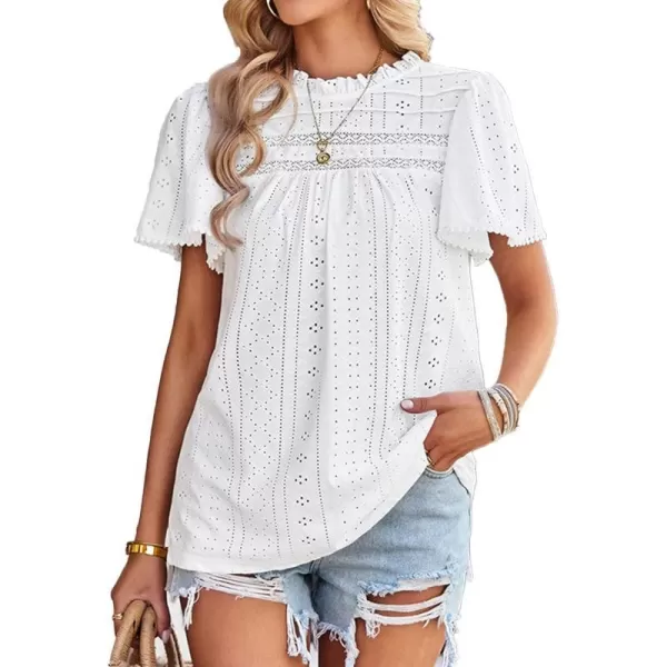 2023 Summer Flare Short Sleeve Shirts for Women Loose Fit Eyelet T Shirt Ruffle Neck Tunic Blouse Hollow Out Work TopsWhite