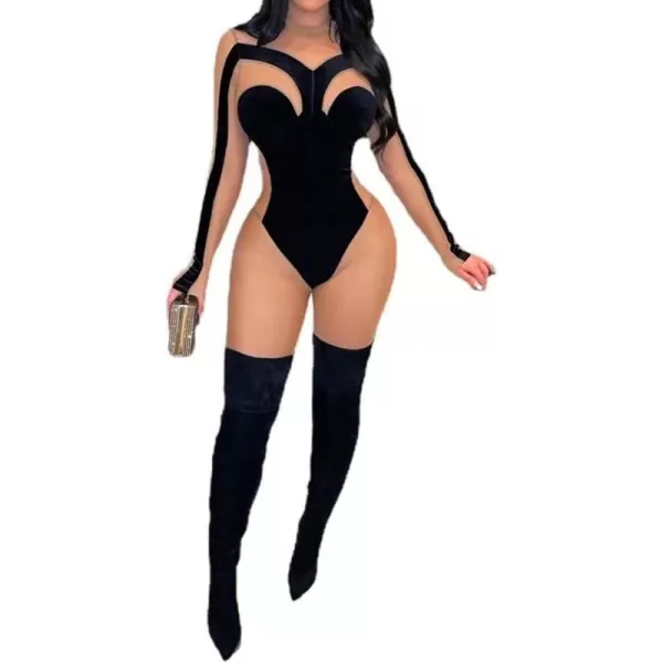 IyMoo Bodycon Jumpsuits for Women Clubwear  Sexy Long Sleeve Velvet Patchwork Mesh Sheer Bodycon One Piece Romper CatsuitBlack