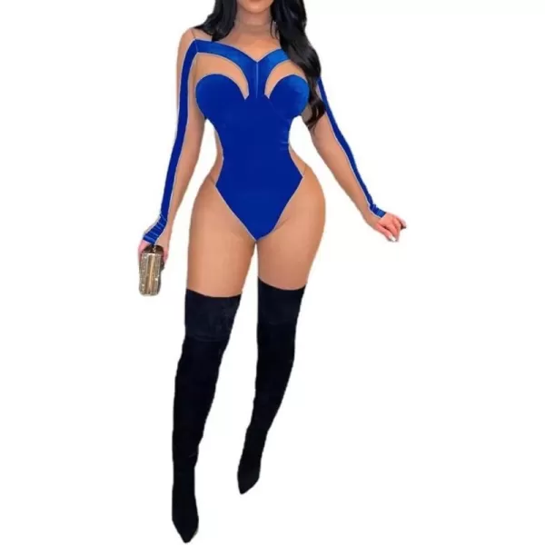 IyMoo Bodycon Jumpsuits for Women Clubwear  Sexy Long Sleeve Velvet Patchwork Mesh Sheer Bodycon One Piece Romper CatsuitBlue