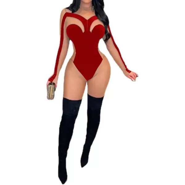 IyMoo Bodycon Jumpsuits for Women Clubwear  Sexy Long Sleeve Velvet Patchwork Mesh Sheer Bodycon One Piece Romper CatsuitRed