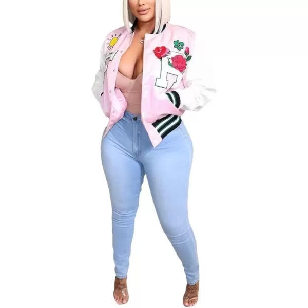 IyMoo Bomber Jackets for Women Long Sleeve Casual Button Down Cropped Baseball Jacket with Pockets Clubwear S2XLA1 Pink