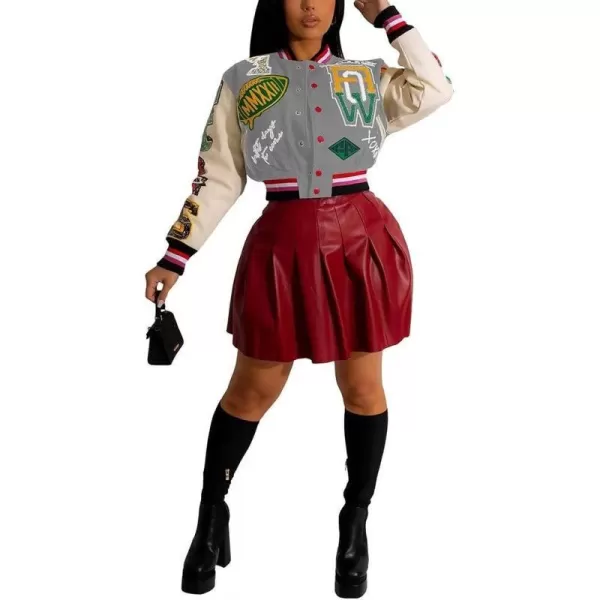 IyMoo Bomber Jackets for Women Long Sleeve Casual Button Down Cropped Baseball Jacket with Pockets Clubwear S2XLA3 Grey