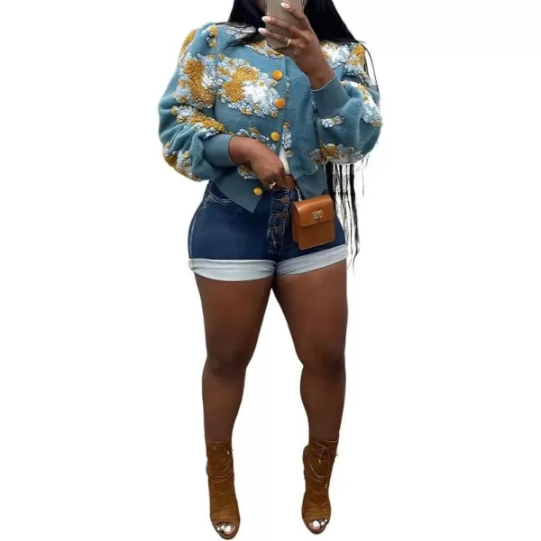 IyMoo Bomber Jackets for Women Long Sleeve Casual Fleece Button Down Cropped Baseball Jacket Clubwear S2XLA1 Lightblue