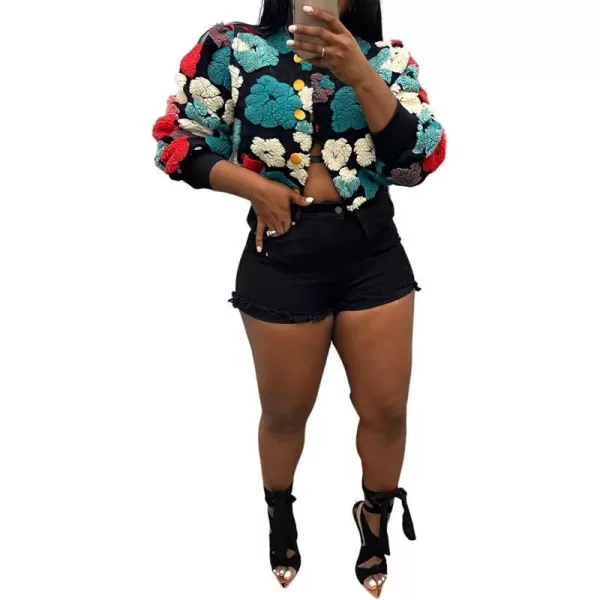 IyMoo Bomber Jackets for Women Long Sleeve Casual Fleece Button Down Cropped Baseball Jacket Clubwear S2XLA2 Blackblue