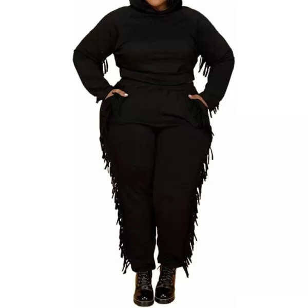 IyMoo Sexy 2 Piece Plus Size Tracksuit for Women Tassels Hoodie Crop Top Bodycon Pant Sets Sweatsuits OutfitsBlack