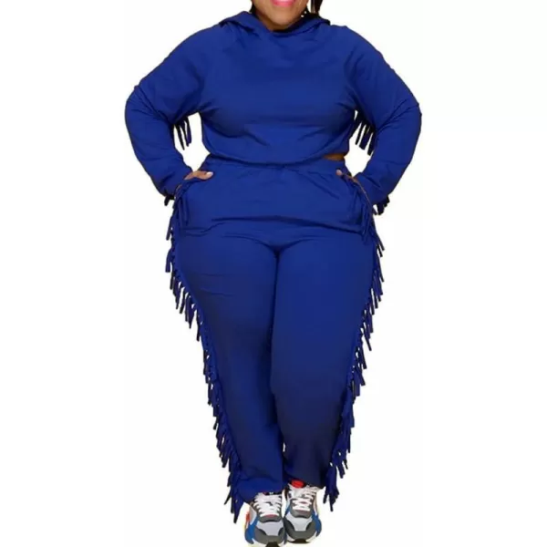 IyMoo Sexy 2 Piece Plus Size Tracksuit for Women Tassels Hoodie Crop Top Bodycon Pant Sets Sweatsuits OutfitsColor Blue