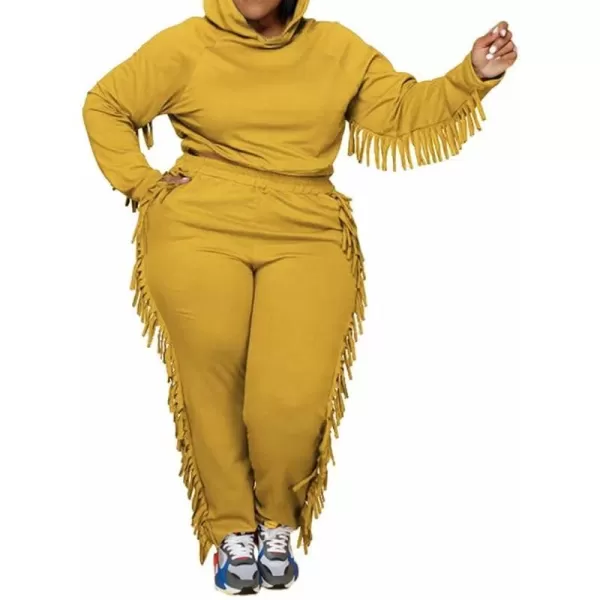 IyMoo Sexy 2 Piece Plus Size Tracksuit for Women Tassels Hoodie Crop Top Bodycon Pant Sets Sweatsuits OutfitsGinger Yellow