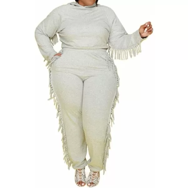 IyMoo Sexy 2 Piece Plus Size Tracksuit for Women Tassels Hoodie Crop Top Bodycon Pant Sets Sweatsuits OutfitsGray