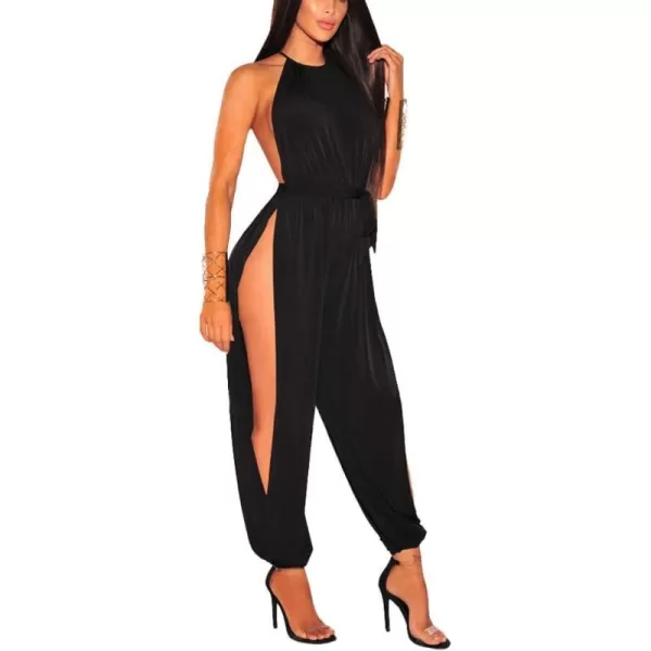 IyMoo Sexy Jumpsuits for Women One Piece Women Sleeveless Party Outfits Hight Split Pants RomperBlack