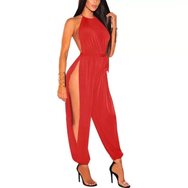 IyMoo Sexy Jumpsuits for Women One Piece Women Sleeveless Party Outfits Hight Split Pants RomperRed