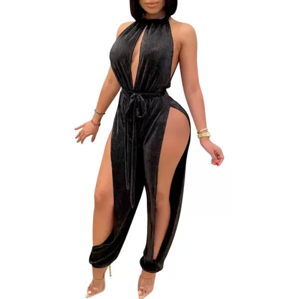 IyMoo Sexy Jumpsuits for Women One Piece Women Sleeveless Party Outfits Hight Split Pants RomperSolid Black