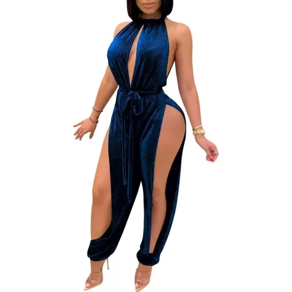 IyMoo Sexy Jumpsuits for Women One Piece Women Sleeveless Party Outfits Hight Split Pants RomperSolid Blue