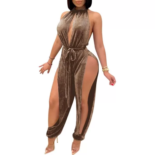 IyMoo Sexy Jumpsuits for Women One Piece Women Sleeveless Party Outfits Hight Split Pants RomperSolid Brown