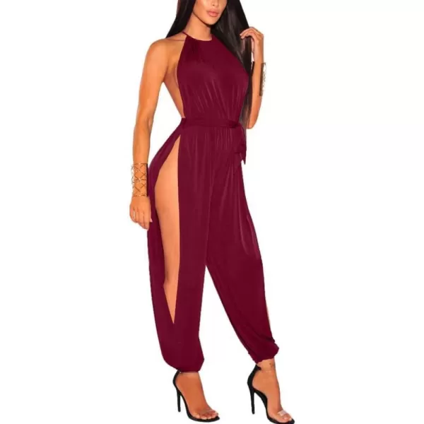 IyMoo Sexy Jumpsuits for Women One Piece Women Sleeveless Party Outfits Hight Split Pants RomperWine Red