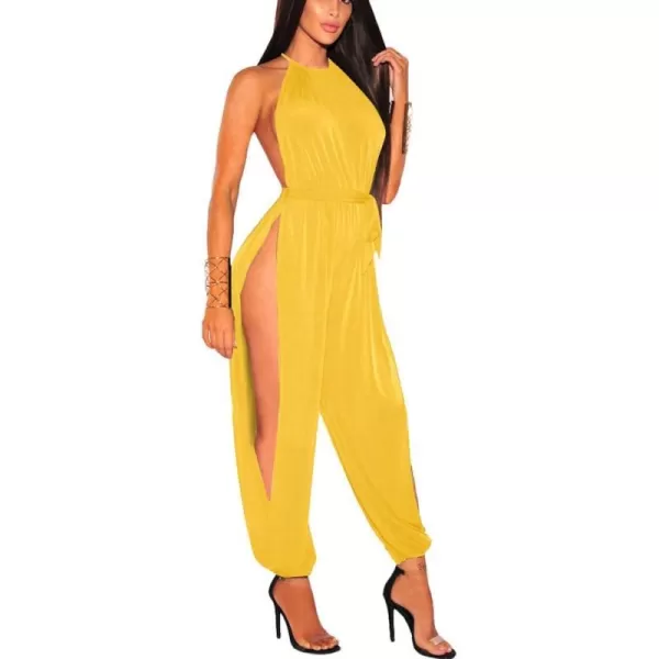 IyMoo Sexy Jumpsuits for Women One Piece Women Sleeveless Party Outfits Hight Split Pants RomperYellow