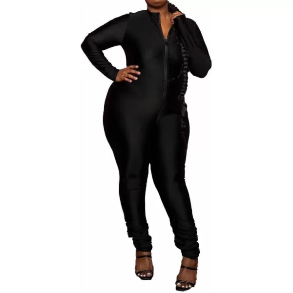IyMoo Sexy Plus Size Jumpsuits for Women  Long Sleeve Leopard Print Zip V Neck Bodycon Long Romper Playsuits329 Black