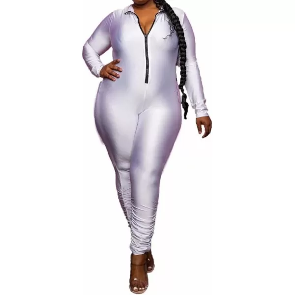 IyMoo Sexy Plus Size Jumpsuits for Women  Long Sleeve Leopard Print Zip V Neck Bodycon Long Romper Playsuits329 Sliver