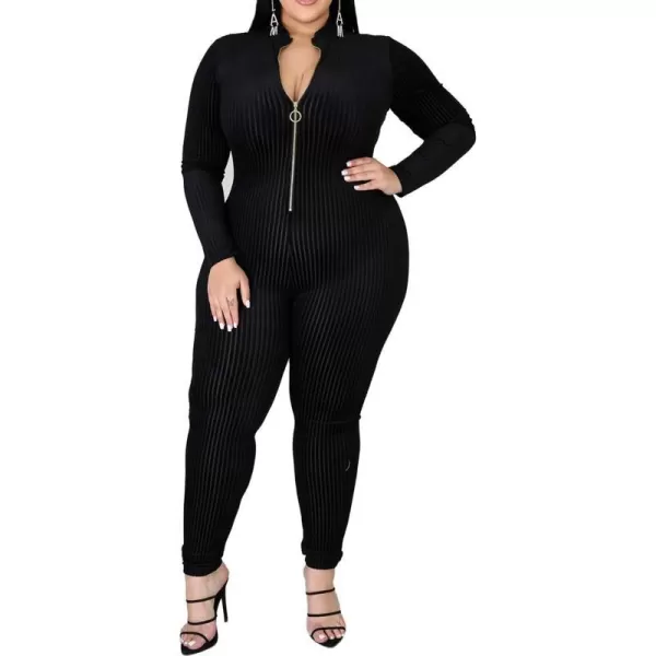 IyMoo Sexy Plus Size Jumpsuits for Women  Long Sleeve Leopard Print Zip V Neck Bodycon Long Romper PlaysuitsBlack