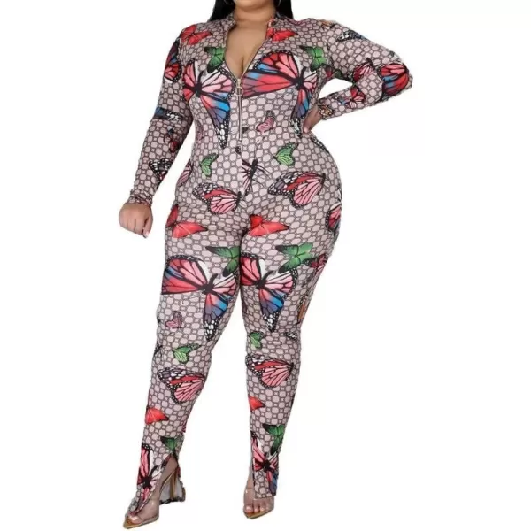 IyMoo Sexy Plus Size Jumpsuits for Women  Long Sleeve Leopard Print Zip V Neck Bodycon Long Romper PlaysuitsButterfly