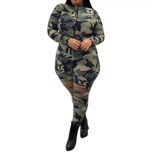 IyMoo Sexy Plus Size Jumpsuits for Women  Long Sleeve Leopard Print Zip V Neck Bodycon Long Romper PlaysuitsCamouflage