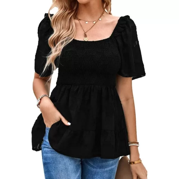 IyMoo Summer Blouses for Women Square Neck Smocked Lace Mesh Tiered Tops Layered Babydoll Tunic ShirtsBlack