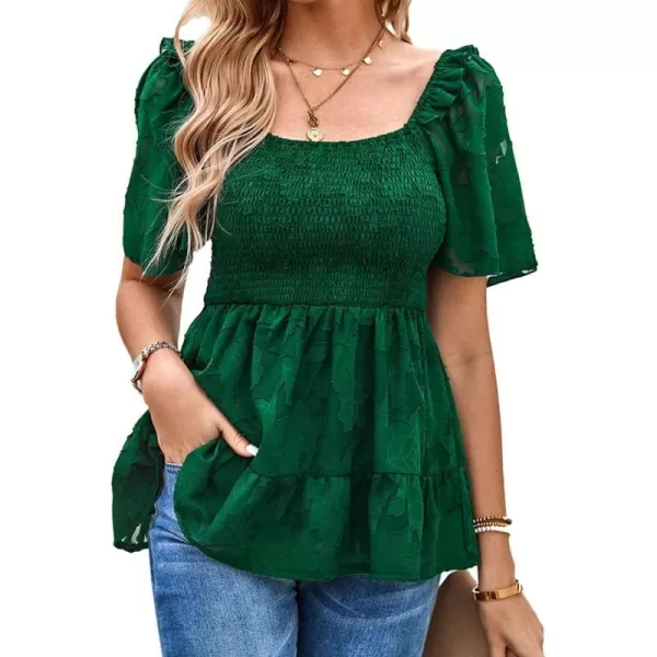 IyMoo Summer Blouses for Women Square Neck Smocked Lace Mesh Tiered Tops Layered Babydoll Tunic ShirtsGreen