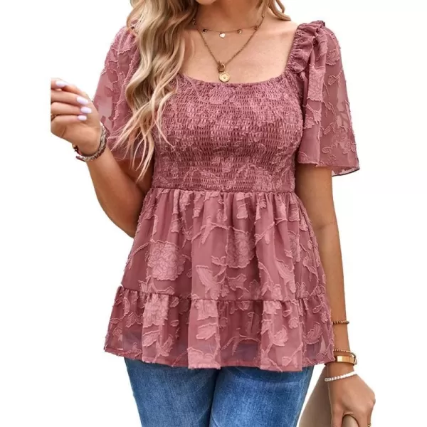 IyMoo Summer Blouses for Women Square Neck Smocked Lace Mesh Tiered Tops Layered Babydoll Tunic ShirtsRose Pink