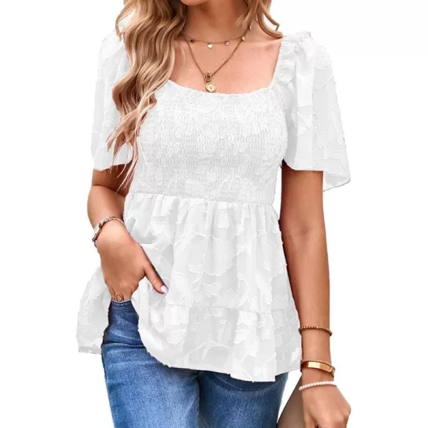 IyMoo Summer Blouses for Women Square Neck Smocked Lace Mesh Tiered Tops Layered Babydoll Tunic ShirtsWhite