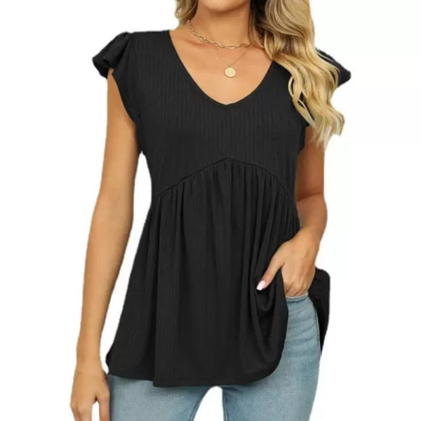 IyMoo Summer Blouses for Women V Neck Flutter Sleeve Ruffle Rib Knit Peplum Tops Babydoll Tunic ShirtsBlack