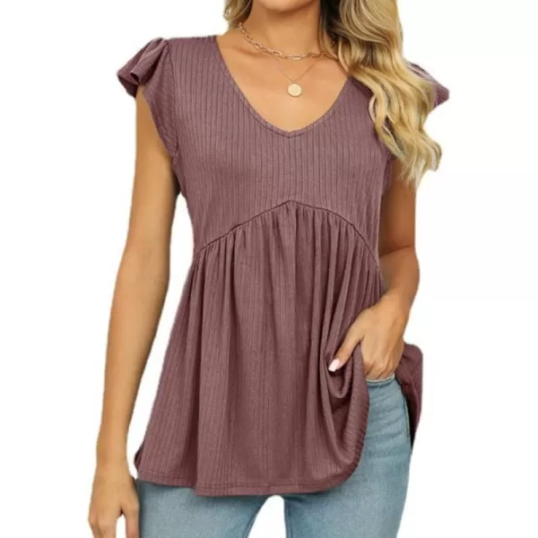 IyMoo Summer Blouses for Women V Neck Flutter Sleeve Ruffle Rib Knit Peplum Tops Babydoll Tunic ShirtsDark Pink