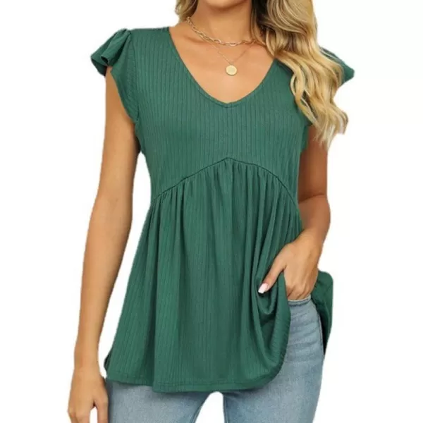 IyMoo Summer Blouses for Women V Neck Flutter Sleeve Ruffle Rib Knit Peplum Tops Babydoll Tunic ShirtsGreen