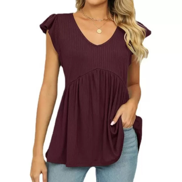 IyMoo Summer Blouses for Women V Neck Flutter Sleeve Ruffle Rib Knit Peplum Tops Babydoll Tunic ShirtsWine Red