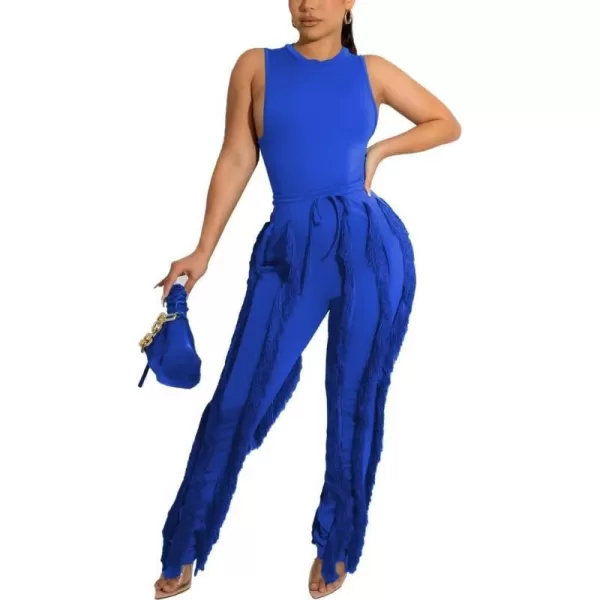 IyMoo Two Piece Outfits for Women Long Sleeve Sleeveless Tank Tops Fringe Tassel Shorts Long Pants Set Clubwear S3XLA1 Blue