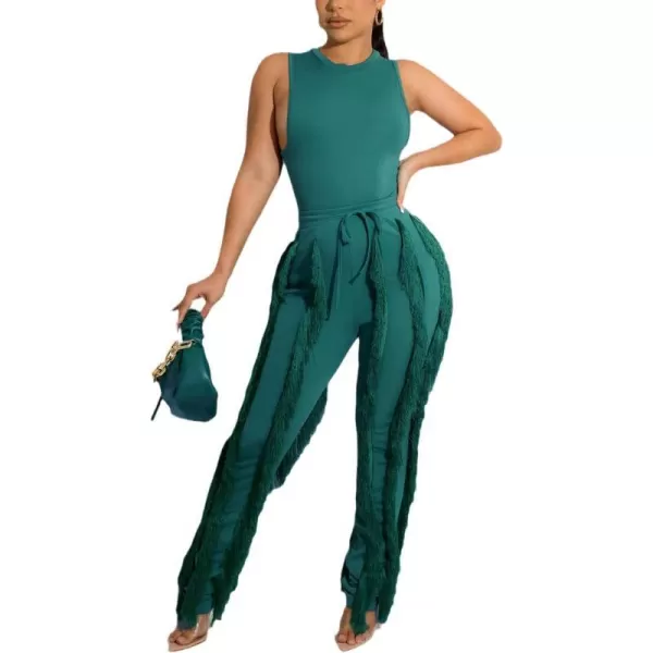 IyMoo Two Piece Outfits for Women Long Sleeve Sleeveless Tank Tops Fringe Tassel Shorts Long Pants Set Clubwear S3XLA1 Green