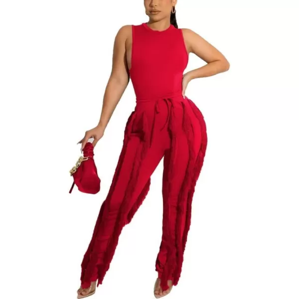 IyMoo Two Piece Outfits for Women Long Sleeve Sleeveless Tank Tops Fringe Tassel Shorts Long Pants Set Clubwear S3XLA1 Red
